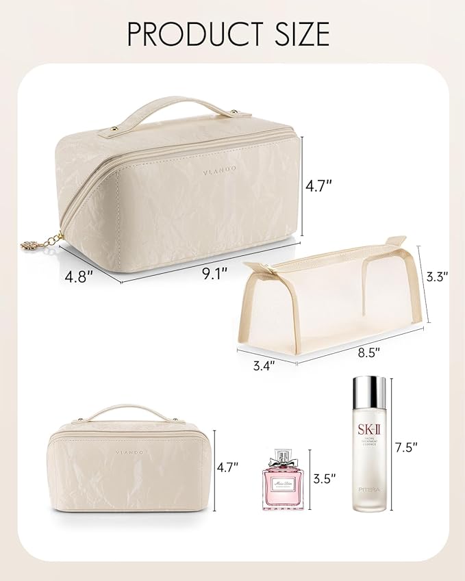 Vlando Makeup Bag,Travel Makeup Bag Christmas Gifts for Women Travelers Open Flat Make up Organizer,Gift Ideas for Girls,Sister(Cream White)