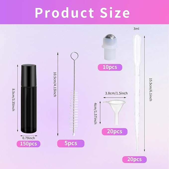 150 Pcs Essential Oil Roller Bottles 10 ml Leakproof Empty Glass Roll on Bottles with Stainless Steel Roller Balls with 20 Funnels 20 Droppers for Travel Perfume Essential Oil (Black)