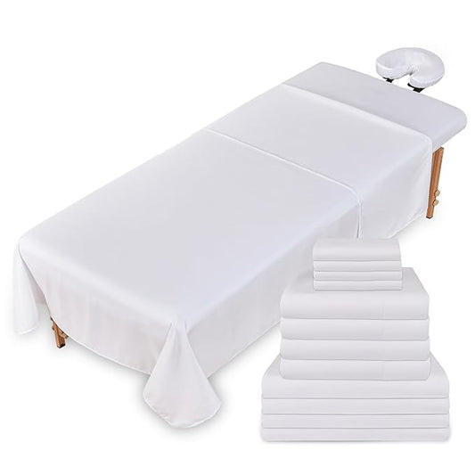Massage Table Sheets Sets – 4 Set Bundle, 120GSM Double Brushed Microfiber, Premium Massage Sheets Sets, Spa Bed Sheets for Esthetician, Wrinkle & Oil Resistant, White