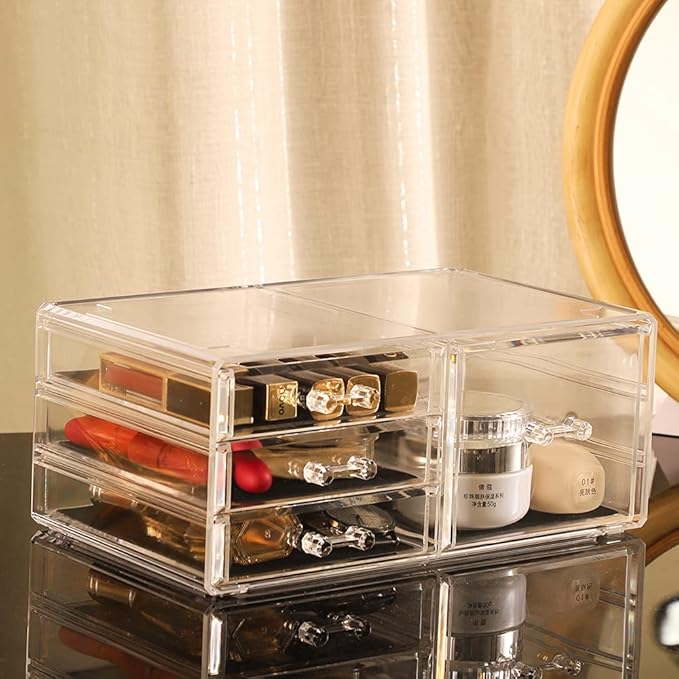 Cq acrylic Clear Makeup Storage Organizer Drawers Skin Care X Large Cosmetic Display Cases Stackable Storage Box With 6 Drawers For Dresser,Set of 3