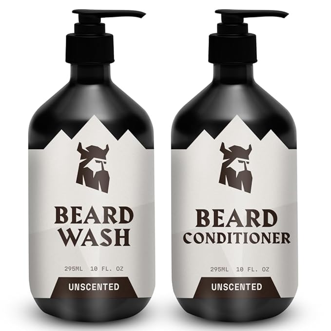 Striking Viking Beard Wash and Conditioner Unscented Scent - 10 Fl Oz (Pack of 2) Beard Shampoo and Conditioner Paraben & Sulfate Free for Men - Deep Cleansing for all Beard Types (Unscented)