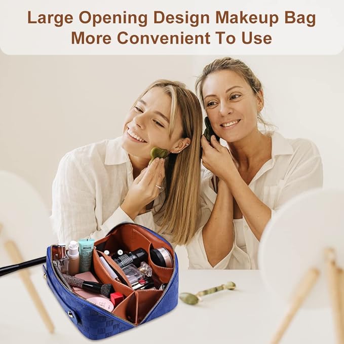 Cessfle Large Capacity Travel Cosmetic Bag Plaid Checkered Makeup Bag Portable Leather Waterproof Skincare Bag with Handle and Divider for Women 01-Blue