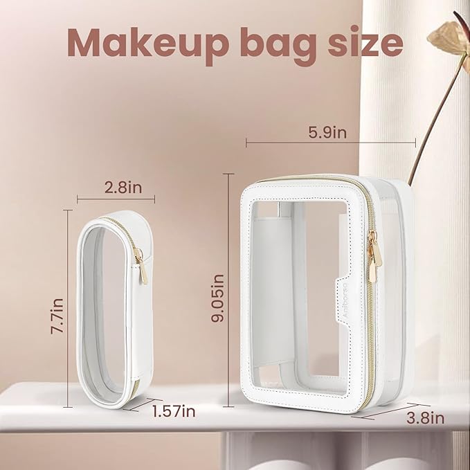Clear Makeup Bag, Travel Clear Cosmetic Bag and Makeup Brush Bag, Transparent Portable Makeup Case, Waterproof Toiletry Bag with Zipper for Women, White