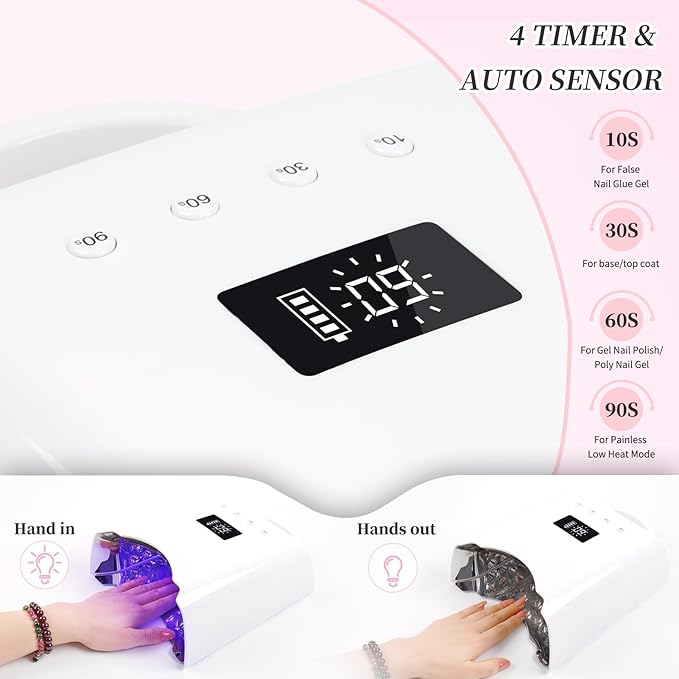 Professional UV LED Nail Lamp, Cordless Rechargeable UV Light for Gel Nails, 78W Fast Curing Gel Nail Light with 4 Timer Setting LCD Display, Auto Sensor and Spacious Interior(White)