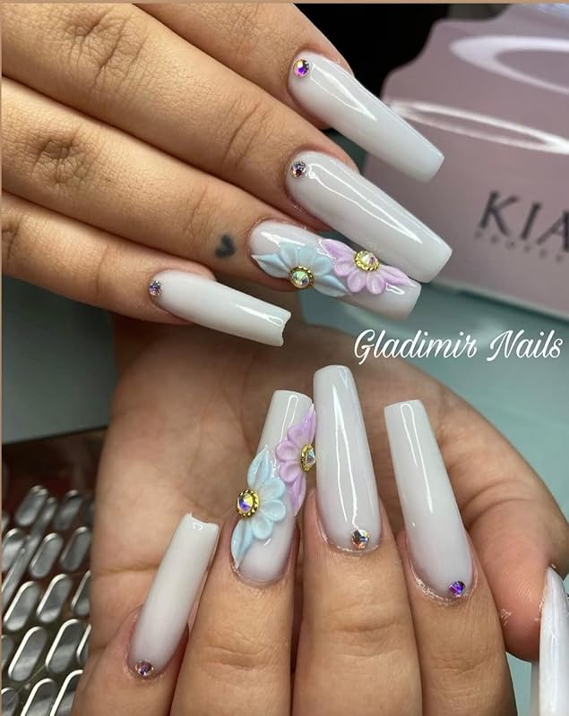 3D Acrylic Blue Flower Nail Art Charms Handmade by Acrylic Powder - 24pcs 3D Flowers For Nail Rhinestones Kit 3D Crystal Nail Pearls Design Acrylic Nail Art for Women (Blue)