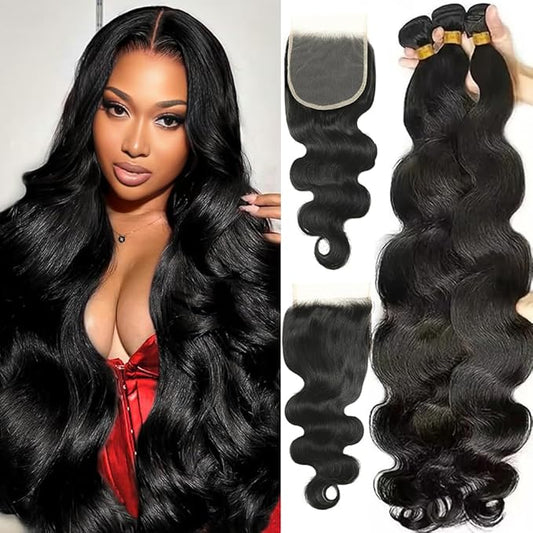 Body Wave Human Hair Bundles with Closure (22 24 26+18) 5x5 HD Closure with Bundles Human Hair 3 Weave 12A Brazilian 100% Unprocessed Virgin Weft Hair Free Part