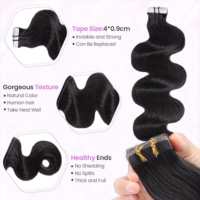 26 Inch Body Wave Tape In Hair Extensions Human Hair for Women Curly Wavy Tape On Extensions Double Side Remy Hairs Skin Weft Invisible Tapes 40pcs 100 Gram Virgin Human Hairs