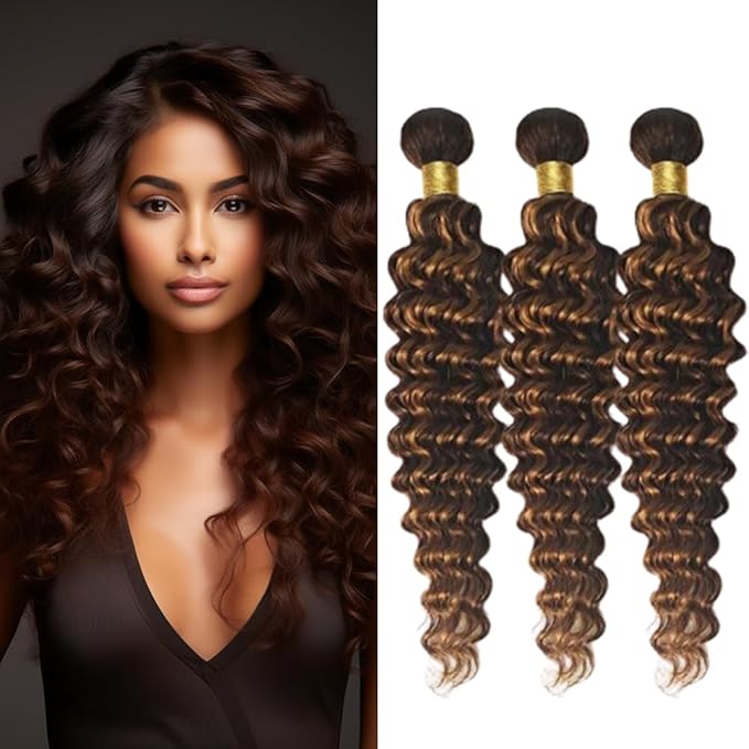 Ombre P1B/30 Loose Deep Wave Bundles Highlight Deep Wave Bundles Black and Light Brown two tone Brazilian Human Hair Soft and Silky for Black Women 26 28 30 Inch