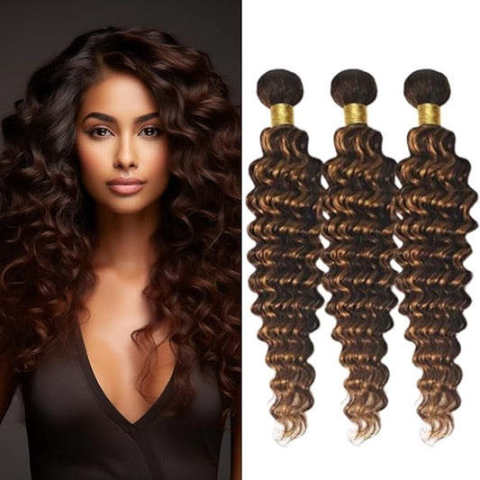 Ombre P1B/30 Loose Deep Wave Bundles Highlight Deep Wave Bundles Black and Light Brown two tone Brazilian Human Hair Soft and Silky for Black Women 26 28 30 Inch