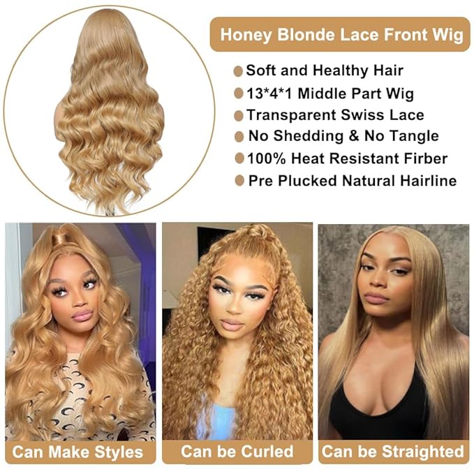 30 Inch Synthetic Lace Front Wig for Women - Honey Blonde HD Lace Wig - Glueless Pre Plucked Bleached Knots - Body Wave - Heat Resistant Fibre 180% Density