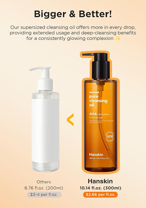Hanskin AHA Pore Cleansing Oil for Dry Skin, Exfoliating, Waterproof Makeup Remover Facial Cleanser, Moisturizing for Soft Skin, Korean Skincare [AHA/10.14 oz.]