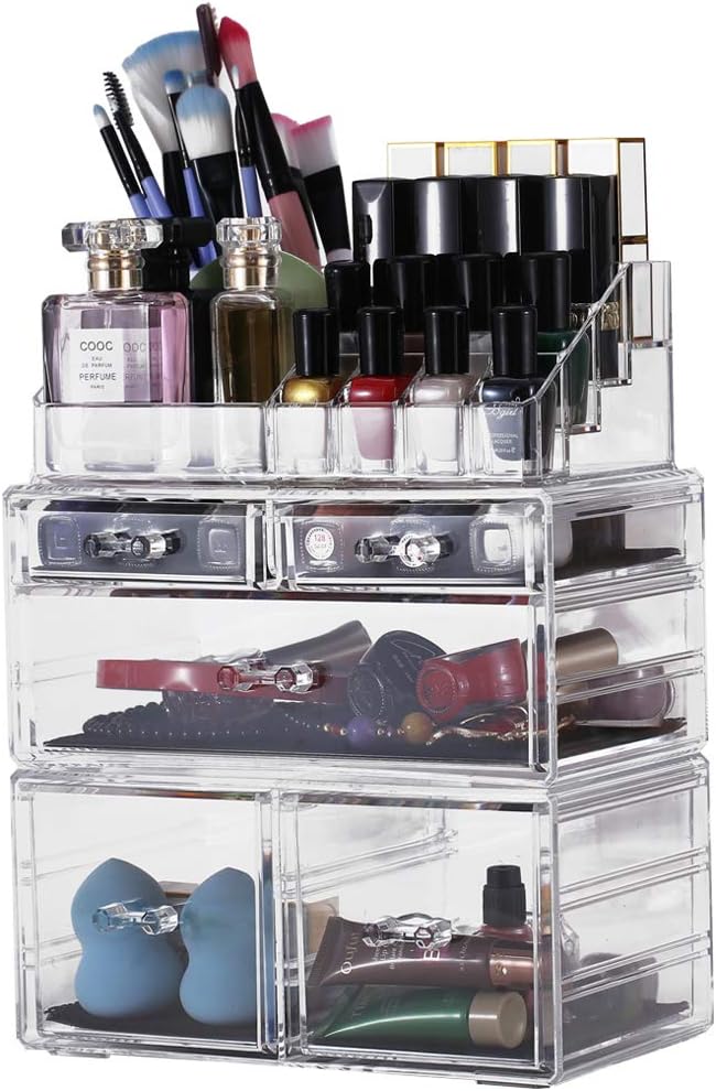 Sooyee Makeup Organizer,Acrylic Cosmetic Organizer Storage Drawers Jewelry and Cosmetic Display Cases Box(5 Drawers 7 Tiers) 3 Pieces Stackable,Clear