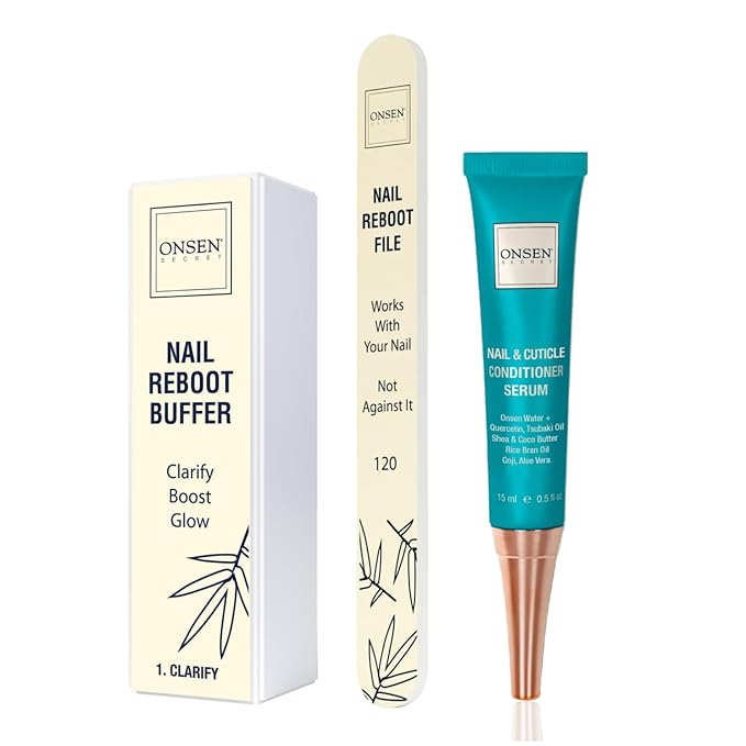 Onsen Secret Cuticle Cream Bundle, Double Sided Nail File 120/180 Grit, Nail Cuticle Oil - Japanese Natural Healing Minerals Nail Care Serum. (15ml + Buffer + Nail File)