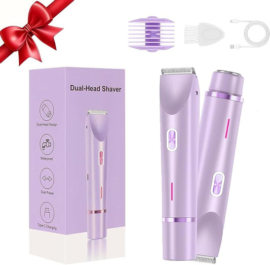 2025 New Glow Aura Womens Shaver, Upgrade Dual Head Shaver Women,2-in-1 Electric Razor for Womens Legs Underarm Face Pubic Hairs,Head Bikini Trimmer Rechargeable Eletctric for Women (Purple)