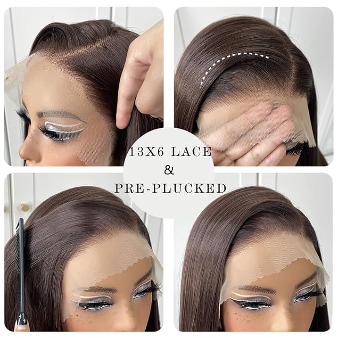 13x6 Straight Lace Front Wigs Pre-Plucked Glueless Brown HD Lace Front Wig Synthetic Chocolate Wear And Go Lace Front Wig 32inch
