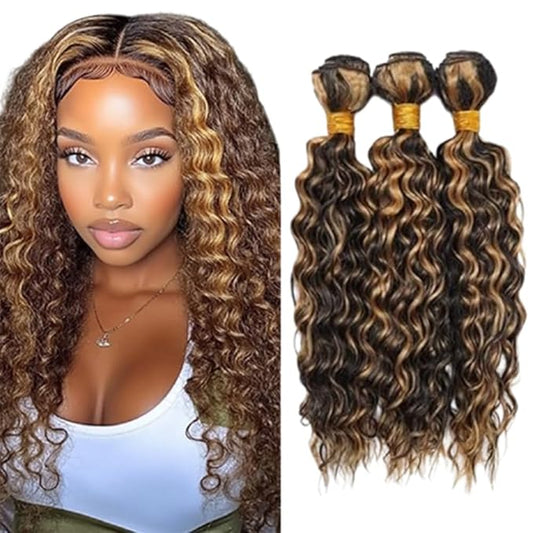 Highlight Human Hair P1B/27 Curly Weave Bundles Two Tone Black Mixed With Honey Blonde Curly Hair Bundles Brazilian Human Hair Weave Wet and Wavy for Black Women 22 24 26 Inch