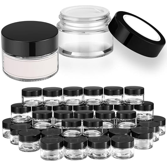 1 oz Small Glass Jars, Bumobum 48 pack Empty Round Clear Jars with Black Lids, White Labels & Inner Liners, Mini Cosmetic Containers for Cream, Lotion