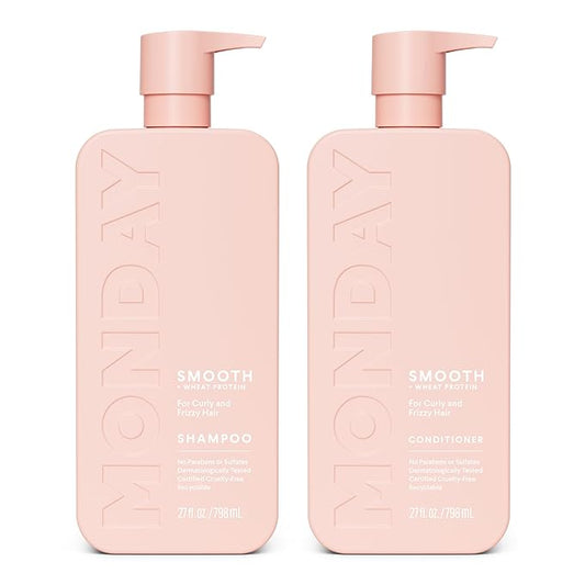 MONDAY HAIRCARE Smooth Shampoo + Conditioner Bathroom Set (2 Pack) 27oz Each for Frizzy, Coarse, and Curly Hair, Made from Coconut Oil, Shea Butter, & Vitamin E, 100% Recyclable Bottles