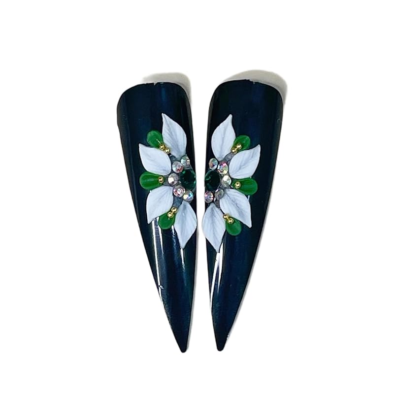 Set 8Pcs 3D Acrylic White Green Flower Christmas Nail Art Charms Handmade by Acrylic Powder HaFLoNa Flowers NAils (White Green Flower Christmas 8Pcs)