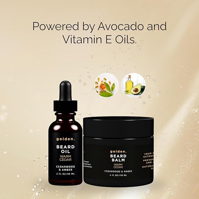 Golden Grooming Beard Oil & Balm Bundle for Men | Natural Growth Kit with Shea Butter | 4oz Balm & 2oz Oil | Warm Cedar