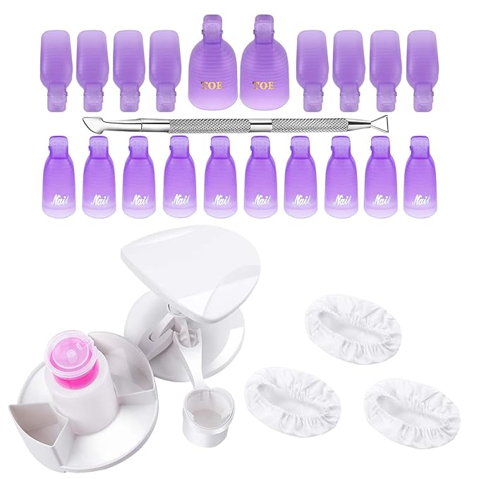 Makartt Gel Nail Polish Remover Clips Kit, Nail Polish Holder Hand Rest, 20 Pcs Resuable Finger and Toenail Acrylic Nail Polish Remover Wraps, Nail Polish Stand with Gel Holders and Multi Angle Rest