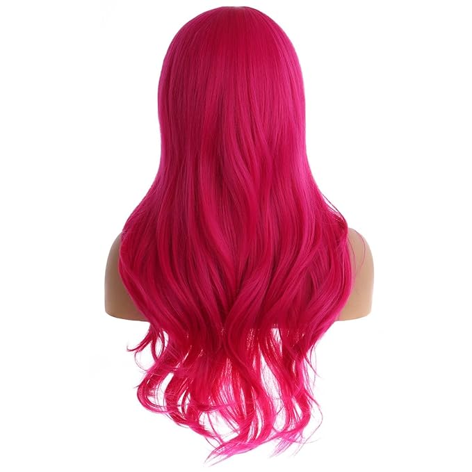BERON Hot Pink Long Wigs for Women Girls Magenta Curly Wavy Hair Wig Middle Part Dark Pink Heat Resistant Synthetic Fiber Wigs