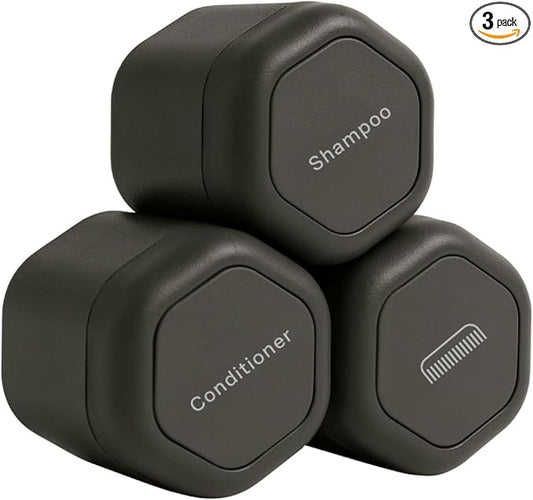 Cadence Travel Containers - Haircare Set - Magnetic Travel Capsules - For Shampoo, Conditioner, Hair Styling Product - 3 Flex Mediums (1.32oz) with Shampoo, Conditioner & Comb Icon Labels - Charcoal