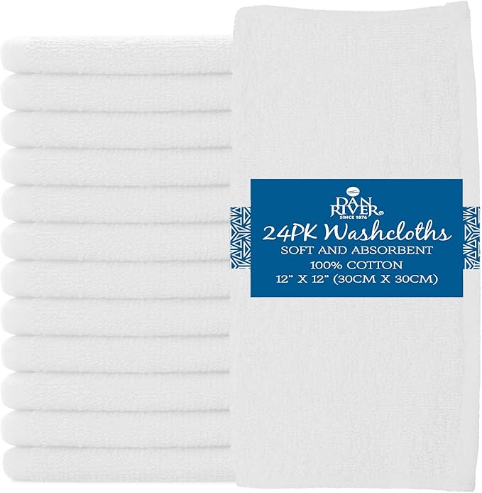 DAN RIVER 100% Cotton Washcloths 24 Pack Premium Quality Face and Body Cloth, Quick Dry Essential Towels for Bathroom, Hand, Kitchen & Cleaning, Baby Washcloths | 12X12 in | 400 GSM | White