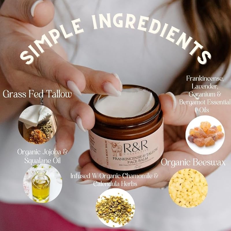 Frankincense Tallow Face Moisturizer – 100% Grass-Fed Whipped Beef Tallow Balm for Dry, Sensitive Skin, Eczema & Psoriasis – Handmade Natural Skincare – 2 oz