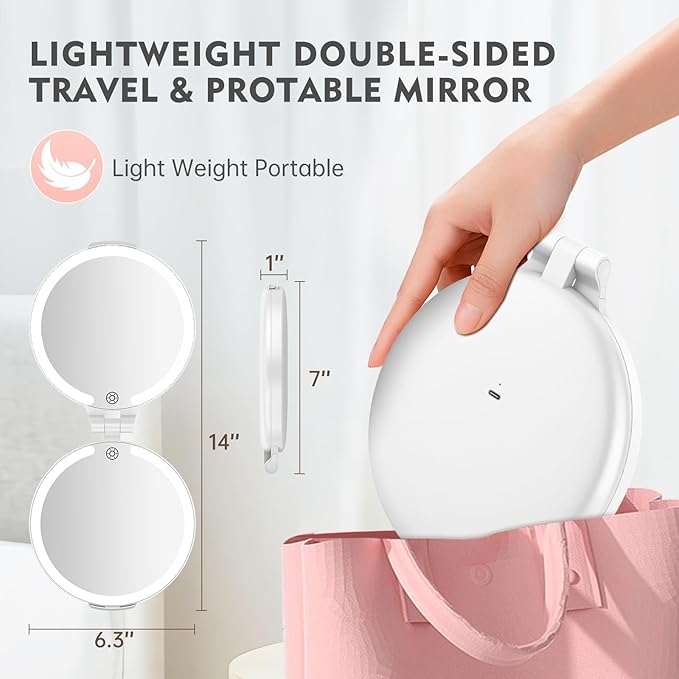 FUNTOUCH 7'' Travel Makeup Mirror with Lights 10X Magnifying, 3 Color Portable Double Side Vanity Mirror with Rechargeable for Travel Essential, Gifts for Women