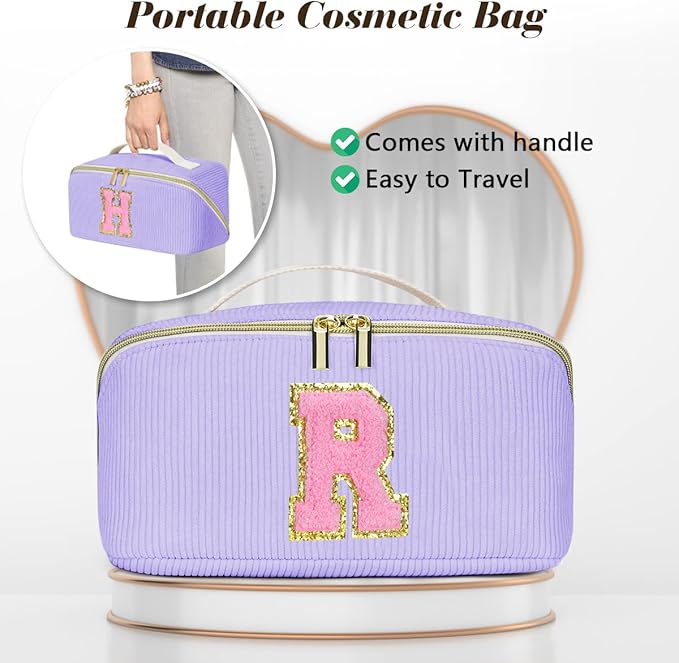 Gifts for Girls, Initial Travel Makeup Bag Women's Day Gift Make up Bag Cosmetic Bags Monther's Day Gifts, Personalized Stuff Bag Cute Makeup Bag Birthday Gifts for Women/Friend/Mother Purple - T