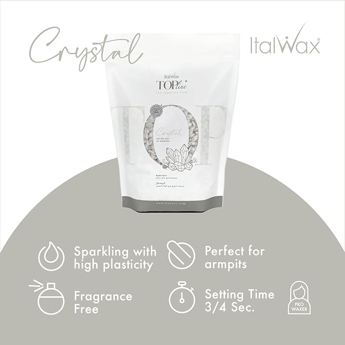 Italwax Top Line Crystal - 750g / 1.65lb - Hard wax beads for hair removal - Unscented - Synthetic formulation ideal for sensitive skins - Recommended for Bikini Area and Armpits