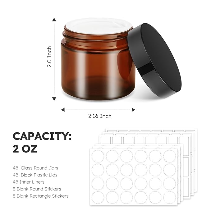 2 oz Glass Jars with Lids, 48 pack Round Small Containers with Black Lids, Blank Labels & Inner Liners, Empty Cosmetic Containers for Sample, Powder, Cream, Lotion Amber and Blue