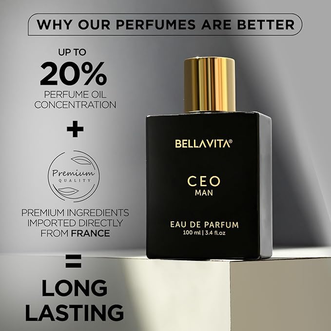 BellaVita Luxury CEO Man Perfume for Men (3.38 fl.oz) | Long-Lasting Men's Perfume with Lemon, Lavender, Tonka & Agarwood Fragrance for Man | CEO Parfum for Men | Vegan & Cruelty-Free Fragrance