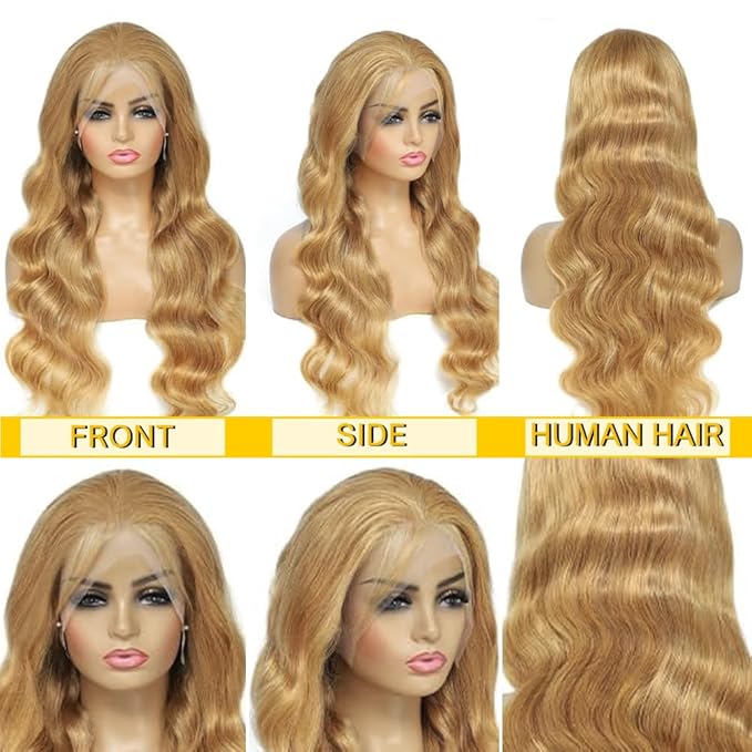 Azkiu 28Inch Honey Blonde Lace Front Wigs Human Hair 13x4 Body Wave 27# HD Transparent Lace Front Wig Pre Plucked with Baby Hair 150% Density Brazilian Virgin Lace Frontal Wig