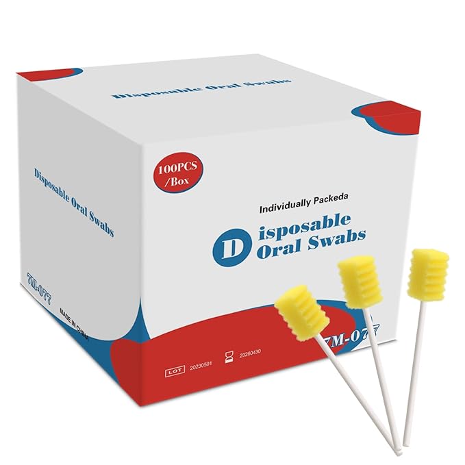 100 Pack Disposable Oral Swabs, Sterile Dental Sponge Swabsticks Unflavored for Mouth & Gum Cleaning - Yellow