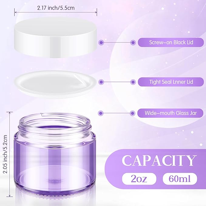Domensi 48 Pcs 2 oz Glass Jars with Lids Travel Size Round Leakproof Empty Cosmetic Jars with Inner Liners Lid for Storing Makeup Lotions Face Cream Ointments Candle DIY Making (Light Purple)