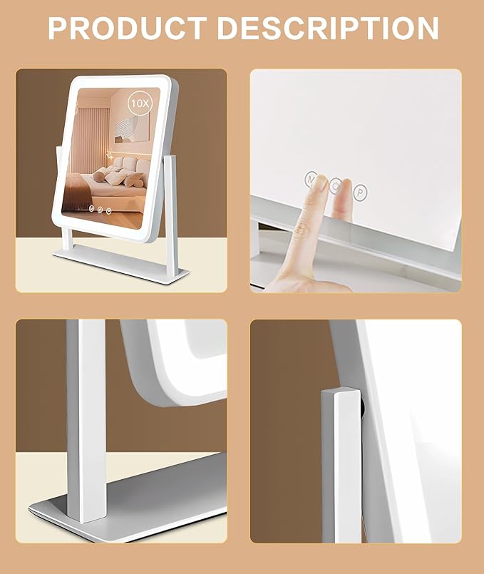 2025 Lighted Makeup Mirror, Hollywood Vanity Mirror with Lights, 3 Color Lighting Modes, 360° Rotation, Hd Glass Mirror, and 10X Magnification Mirror, Smart Touch Control for Home & Travel (White)