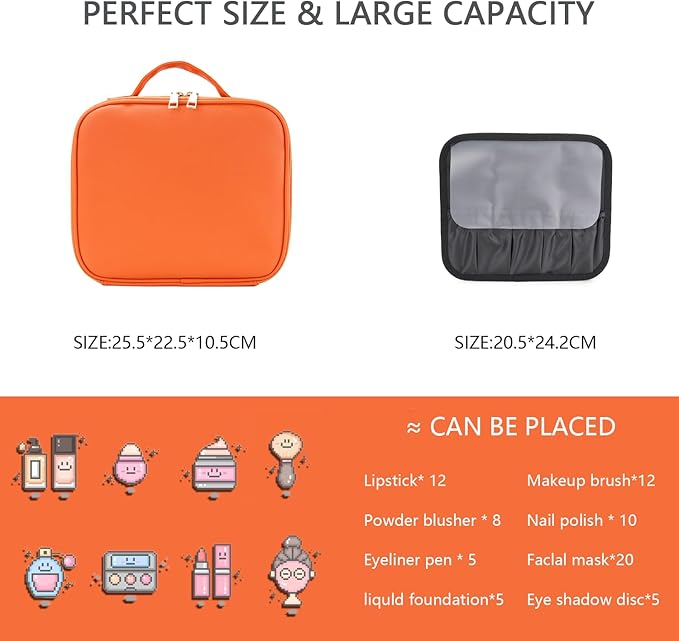 Travel Makeup Bag with LED Lighted Mirror,Travel Makeup Organizer, Makeup Bag with 3 Color Lighted Setting, Portable Storage and Adjustable Dividers Makeup Box(Orange)