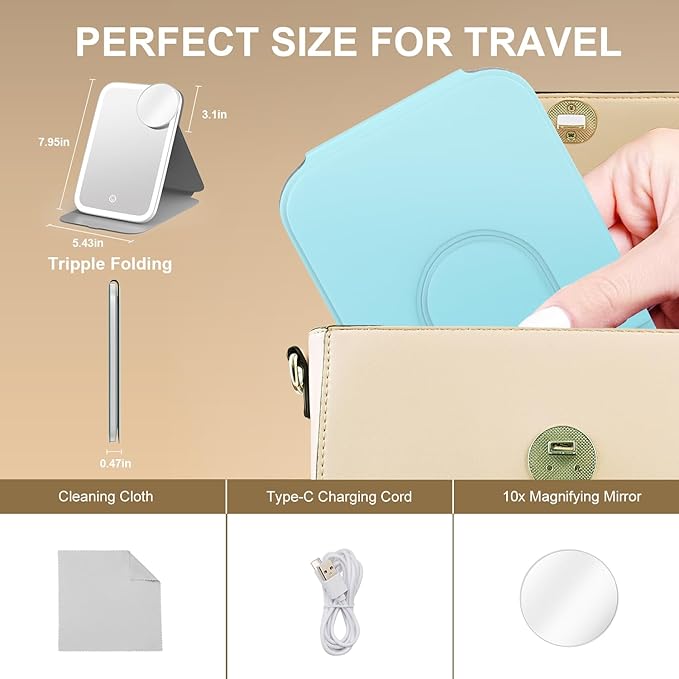 Mocado Travel Makeup Mirro with Lights, 360° Rotation Lighted Makeup Mirror, Portable Mirror with 10x Magnification, 60LEDs 3 Color Lightings, Dimmable Touch Screen, Tabletop Light up Mirror(Blue)