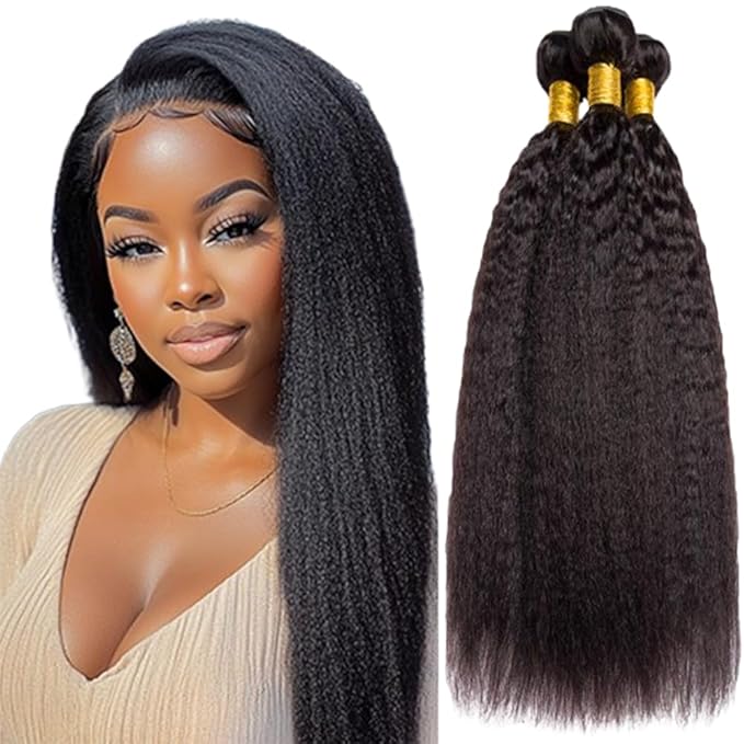 Yaki Straight Human Hair Bundles Natural Color Kinky Straight Bundles Color Black Brazilian Human Hair Extensions Soft and Silky for Women 16 18 20 Inch
