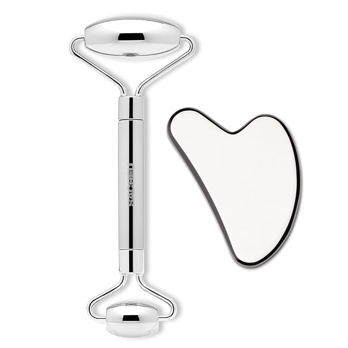 Sacheu Stainless Steel Face Roller and Gua Sha Bundle — Metal Face Roller & Metal Gua Sha, Facial Massage Tools to Reduce Puffiness, Lymphatic Drainage, Facial Tension, Skin Care Face Massagers