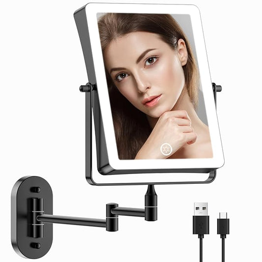 FASCINATE Rechargeable Wall Mounted Makeup Mirror, Bathroom Mirror Rectangle 8.7 Inch Double Sided 1X 10X Magnifying, 3 Color Setting, Extended Arm 360° Swivel Foldable Black