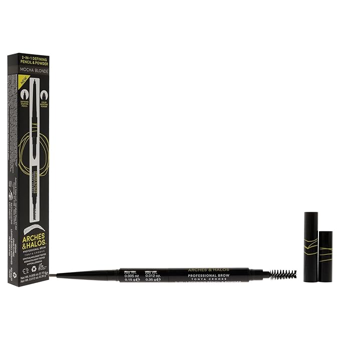 Arches & Halos 2-In-1 Defining Eyebrow Pencil And Powder - Shapes And Fills In Sparse Brows For Natural Look - Soft Textured Powder Formula - Dual Ended With Spoolie Brush - Mocha Blonde - 0.017 Oz