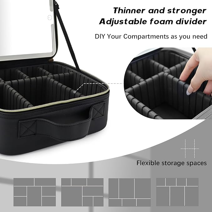 Travel Makeup Bag with LED Lighted Mirror,Cosmetics Organizer, with 3 Color Lighted Setting, Portable Storage and Adjustable Dividers Travel Makeup Bag(Black)