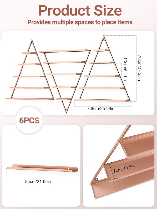 EBANKU Metal Wall-mounted Nail Polish Storage Racks 5 Tiers Triangular Display Rack Cosmetic Display Cases Lipstick Perfume Wall Shelf Essential Oil Organizers for Home Spa Nail Salon Shop (Rose Gold)