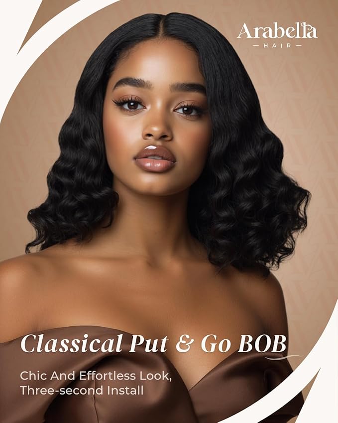 Arabella 6x6 Wear and Go Glueless Wigs Human Hair 210% Density Loose Curly Bob Wig Lace Front Wig Human Hair Pre-Cut Lace Wigs Pre Bleached Knots Bob Wig Human Hair(14inch, 6x6 LC Glueless Bob)