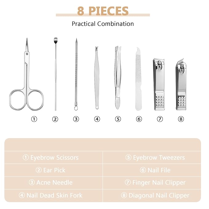 Lasnten 24 Set Manicure Set Bulk Nail Clippers Grooming Nail Kit Stainless Steel Professional Pedicure Kit Pedicure Tools with Travel Case Gifts for Men Women Personal(8 in 1,Shiny Gold)