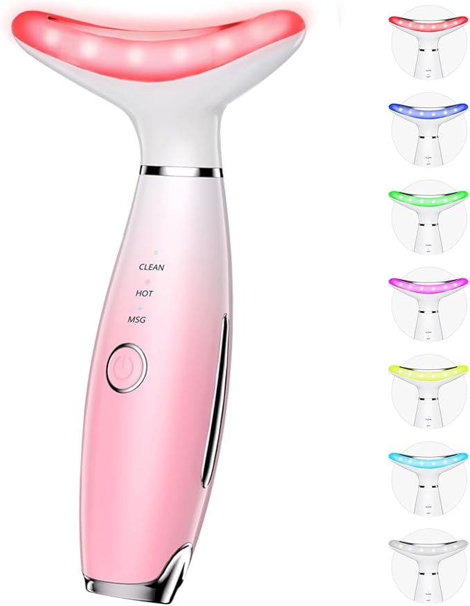 7 Color Galvanic Machines - Red Light Therapy for Face and Neck, Face Massager Tool for Wrinkles, Double Chin, Vibrating Facial Massager with Thermals, Pink