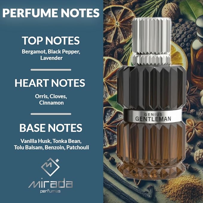 Gentleman Genius, Men's Eau de Parfum (EDP) 3.4 FL. Oz (100ml), Men’s Perfume with Notes of Bergamot, Black Pepper, Lavender, Orris, Cloves, Cinnamon, Vanilla Husk, Tonka Bean, Tolu Balsam